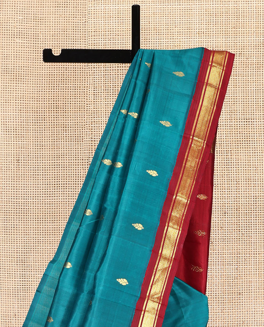 Rama Kanchipuram Silk Saree, Accentuated with Zari Buttas, Complemented by a Contrast One-Sided Korvai Border of Banaras, and Jaal Designs, Zari Design Pallu, and No Blouse