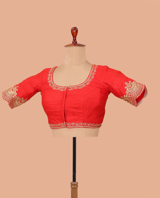 Red embroidered front-back round neck elbow sleeve blouse