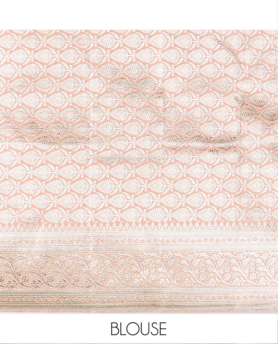 Peach jaal and zari buttas banarasi silk saree, traditional zari border of stone work, and pallu of intricate designs and stone work