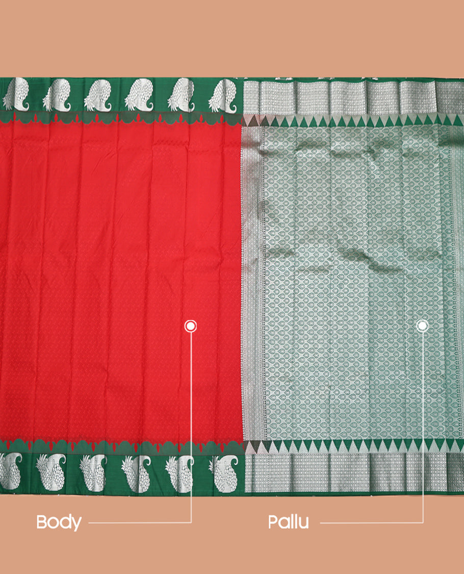 Red Embossed Budget Silk Saree, Complemented by a Contrast Fruit Motifs Zari Border, Intricate Pallu, and Contrast Blouse