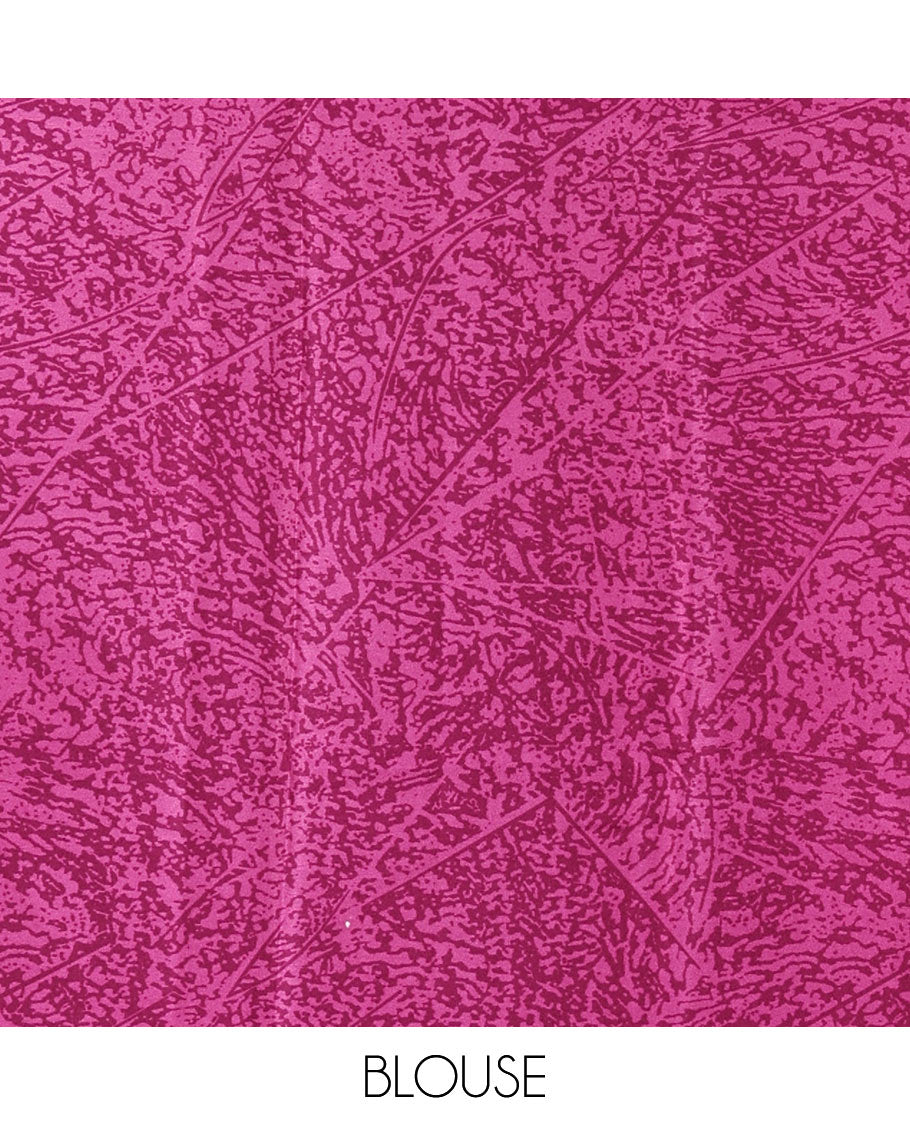 Borderless black and rani peacock feathers style abstract printed Gajji silk saree, peacock feathers printed pallu, and a contrast printed blouse