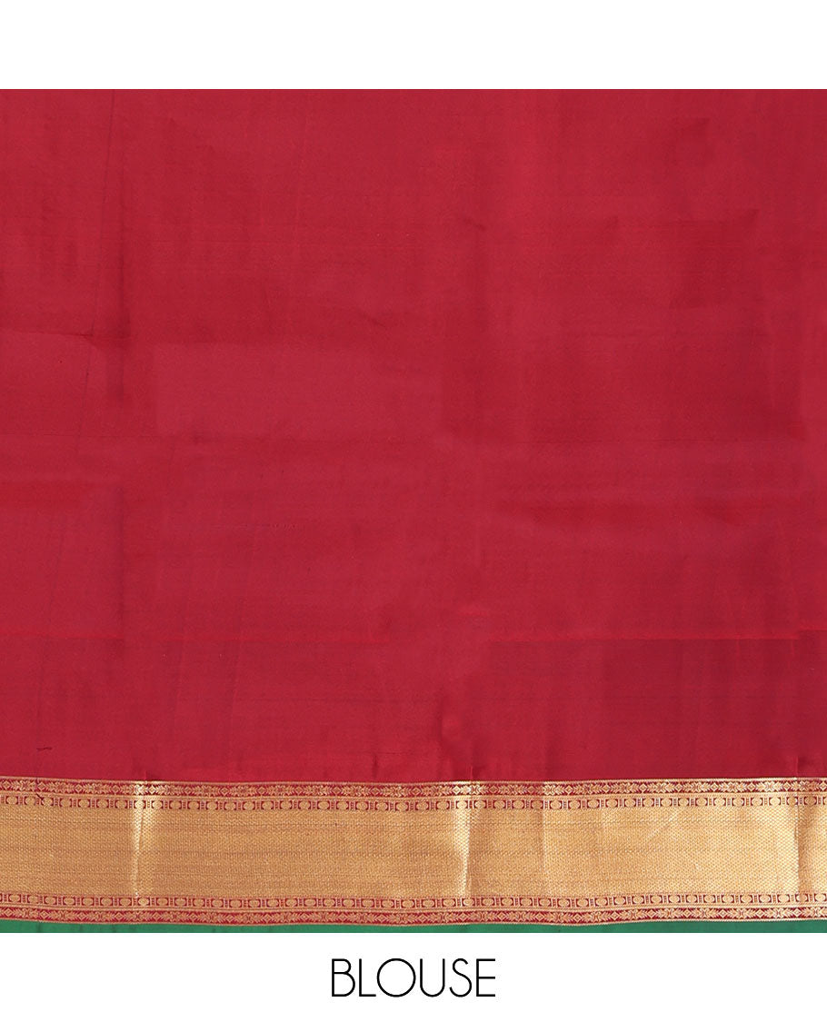 Pink Vasundhara Silk Saree, Finely Designed with Zari Buttas All Over Its Body, Complemented by Contrast Temple Border of Mayil, Rudraksham, and Mayil Kann Designs, Grand Jaal Pallu, and Paired with a Contrast Blouse