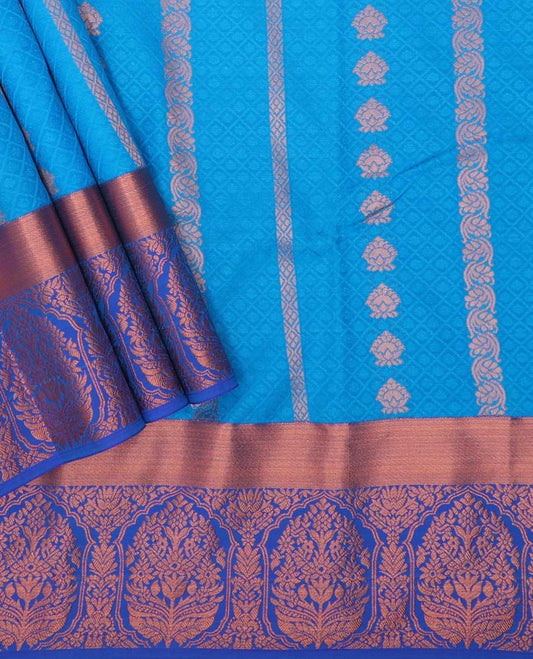 Blue floral design art silk pavadai material with contrast floral zari design border & zari design blouse