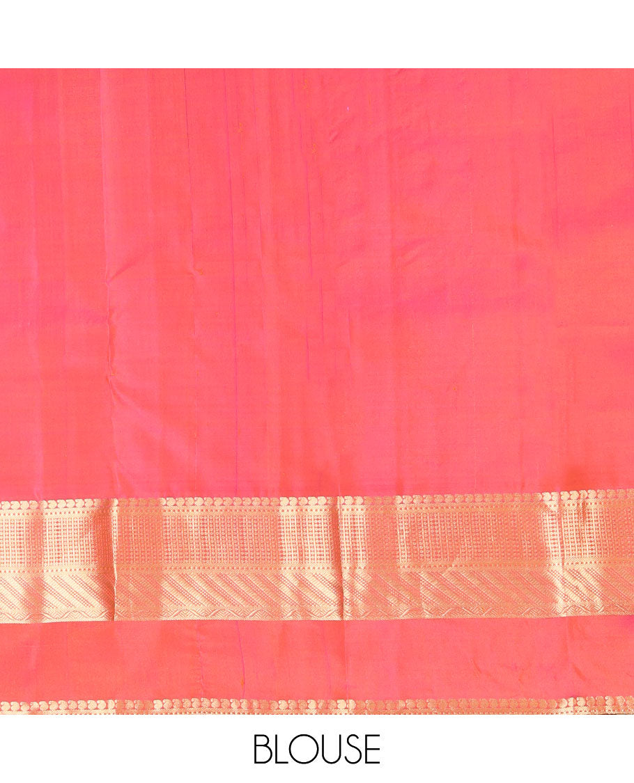 Mango Yellow Kanchipuram Silk Saree, Adorned with Zari Buttas All Over Its Body, Complemented by Contrast Border of Traditional Zari Designs, Grand Diagonal Striped Pallu, and Paired with a Contrast Blouse