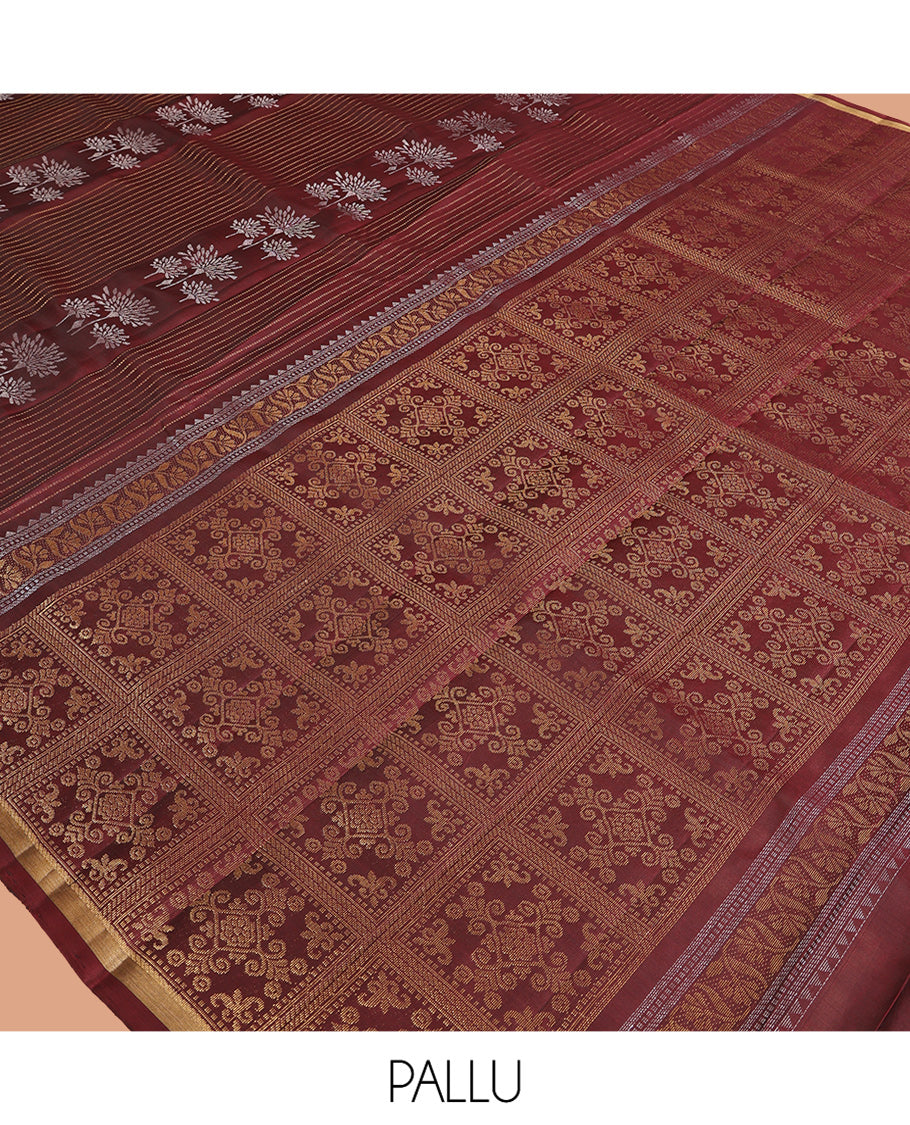 Brown Mayuri Lite Silk Mix Saree, Showcasing Floral Zari Buttas and Stripes, a Piping Border, a Grand Pallu, and a Matching Blouse