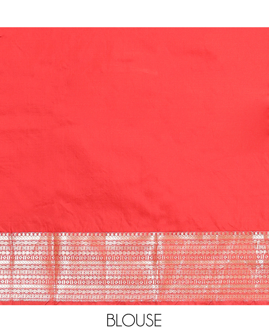 Orange Budget Silk Saree, Highlighted with Zari Designs, Complemented by a Contrast Traditional Zari Border, Pallu of Jaal and Paisleys, and Contrast Blouse