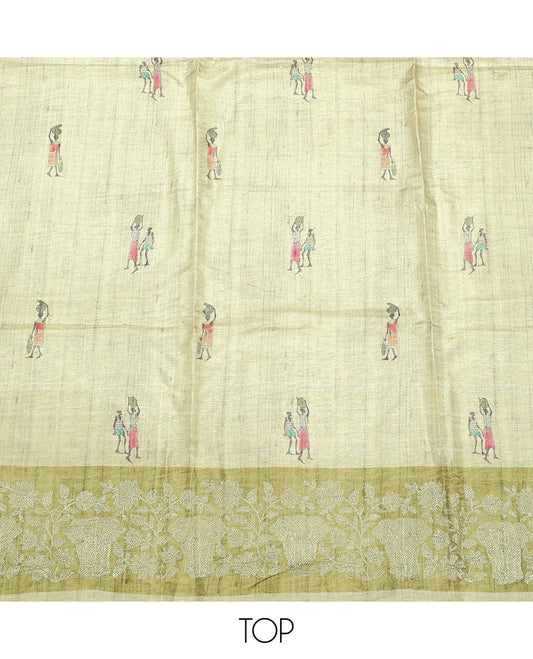 Chikku-Green Semi-Tussar Material Churidar Set, Embellished with Human-Animal Motif Top, a Contrast Bottom, and Leaf-Elephant Motif Dupatta