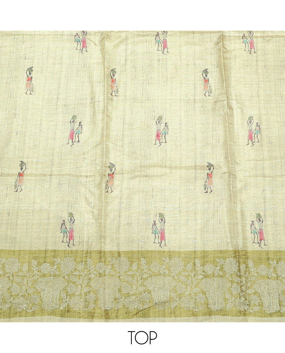 Chikku-Green Semi-Tussar Material Churidar Set, Embellished with Human-Animal Motif Top, a Contrast Bottom, and Leaf-Elephant Motif Dupatta