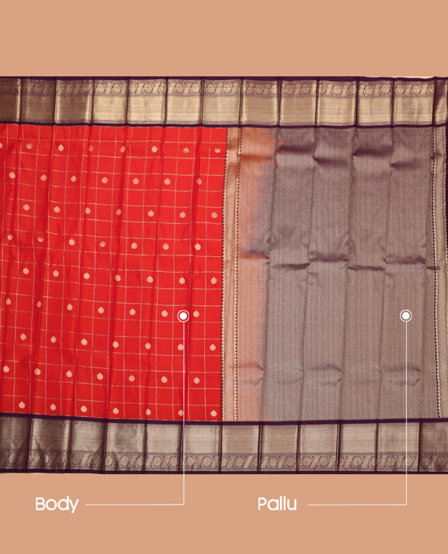 Rust Budget Silk Saree, Adorned with  Butta Enclosed Checks All Over Its Body, Complemented by a Contrast Traditional Zari Design Border, Grand Pallu, and Paired with a Contrast Blouse