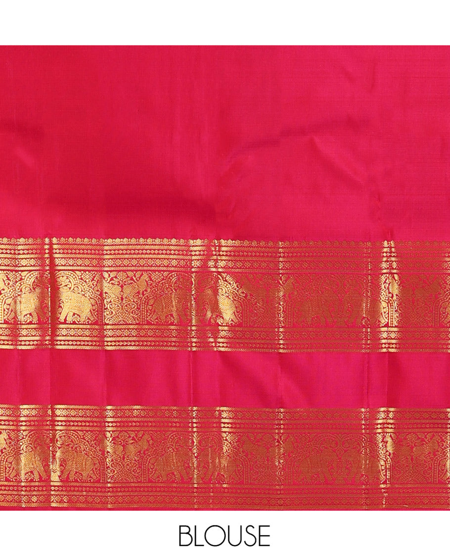Orange Kanchipuram Silk Saree, Detailed with Zari Buttas, Complemented by Contrast Border of Banaras, Kamalam, and Yaanai Designs, Zari Woven Pallu, and Contrast Blouse