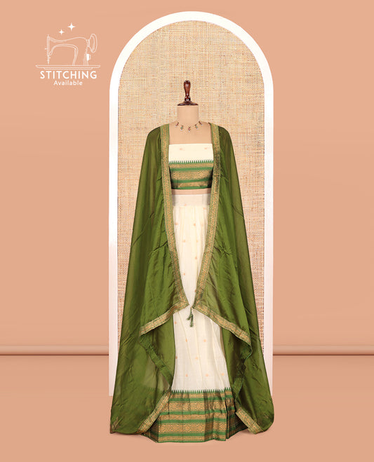 Sandal-Green Banaras Kota Half-Saree, Zari Buttas Skirt, Contrast Traditional Border, Matching Blouse, Contrast Dhavani