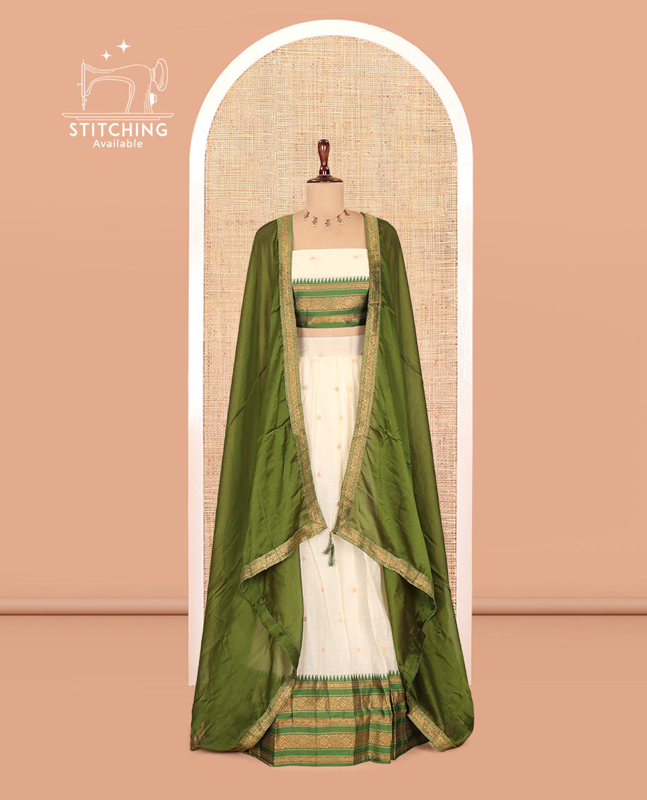 Sandal-Green Banaras Kota Half-Saree, Zari Buttas Skirt, Contrast Traditional Border, Matching Blouse, Contrast Dhavani