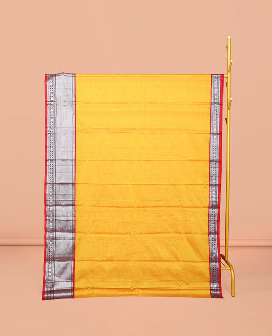 Yellow Plain Narayanpet Cotton Saree, Complemented by a Contrast Traditional Design Border, Plain Pallu, and Comes Without a Blouse