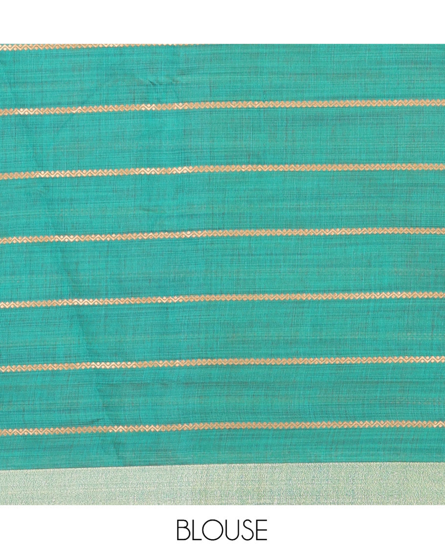 Rani Pink Semi-Silk Cotton Saree, Graced with Veldhari Stripes, Gold Zari Border, Contrast Striped Pallu and a Contrast Blouse