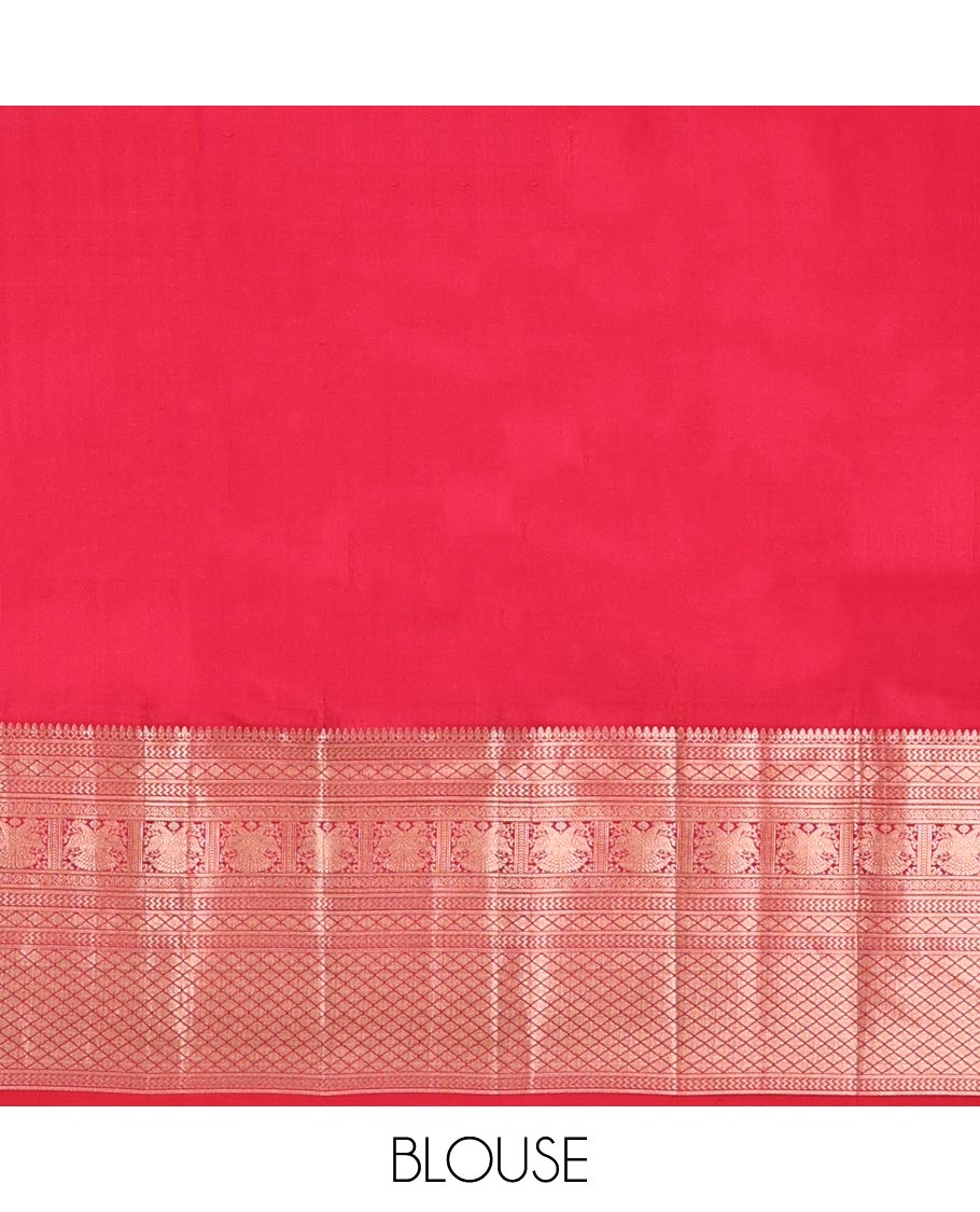 Red Kanchipuram Wedding Silk Saree, Gracefully Embellished with Jacquard on Its Body, Highlighted by a Zari Border of Thilakam Mokku, Diamond, Kodi Visiry, Iruthalai Pakshi, and Jaal Designs, Grand Jaal Pallu, and Paired with a Matching Blouse