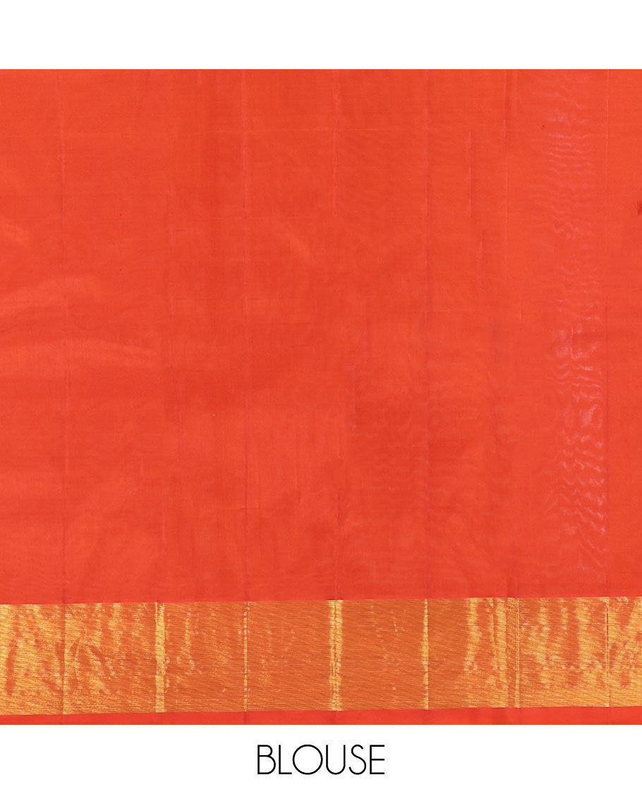 Orange Kanchipuram Silk Saree, Woven with Yaanai Buttas, Highlighted by Zari Border, Pallu of Yaanai Design, and a Matching Blouse