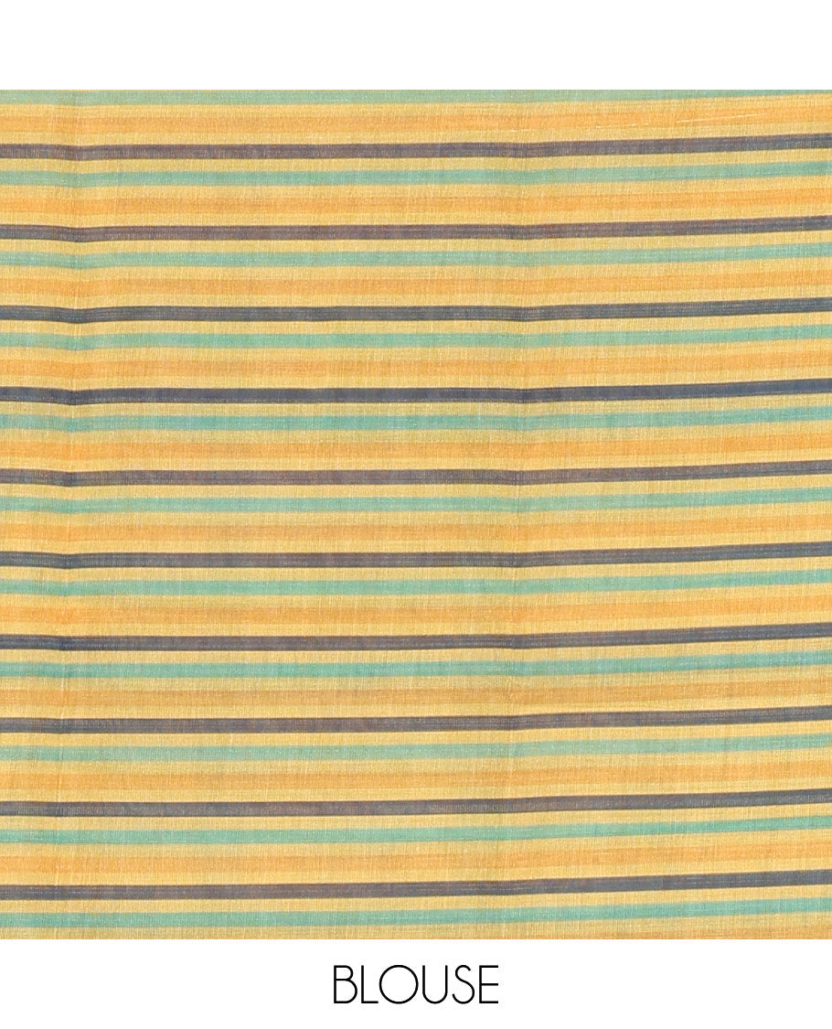 Yellow horizontal striped linen cotton saree, contrast plain border, and striped pall, and striped blouse