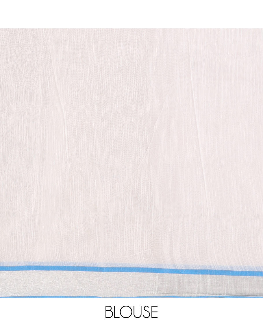 White-blue floral motifs printed Linen cotton saree, contrast Sliver zari bavanji border, floral print pallu & plain blouse
