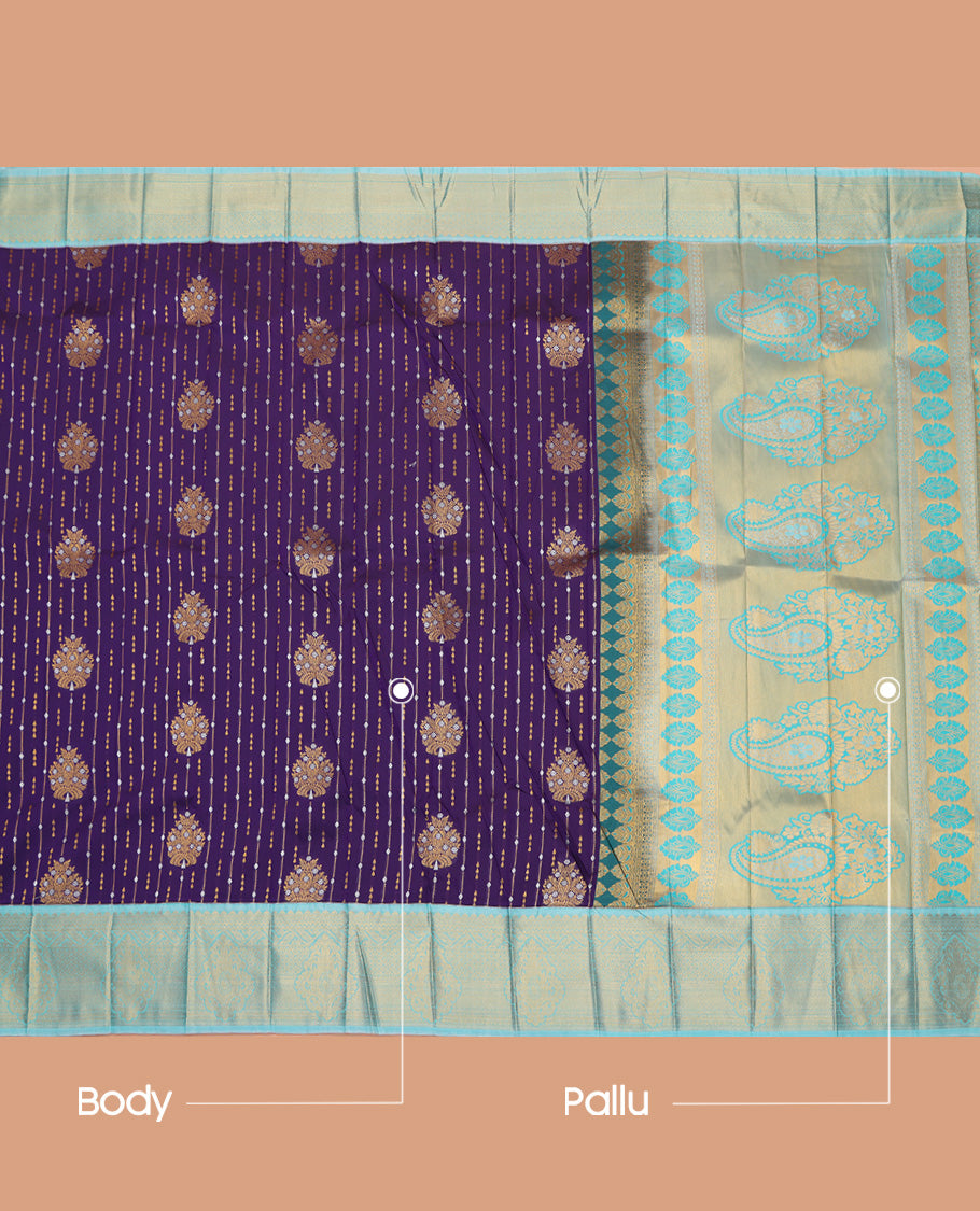 Purple Budget Silk Saree, Decked Up with Zari Buttas All Over Its Body, Complemented by Contrast Traditional Zari Designs Woven Border, Grand Pallu and Paired with a Contrast Blouse