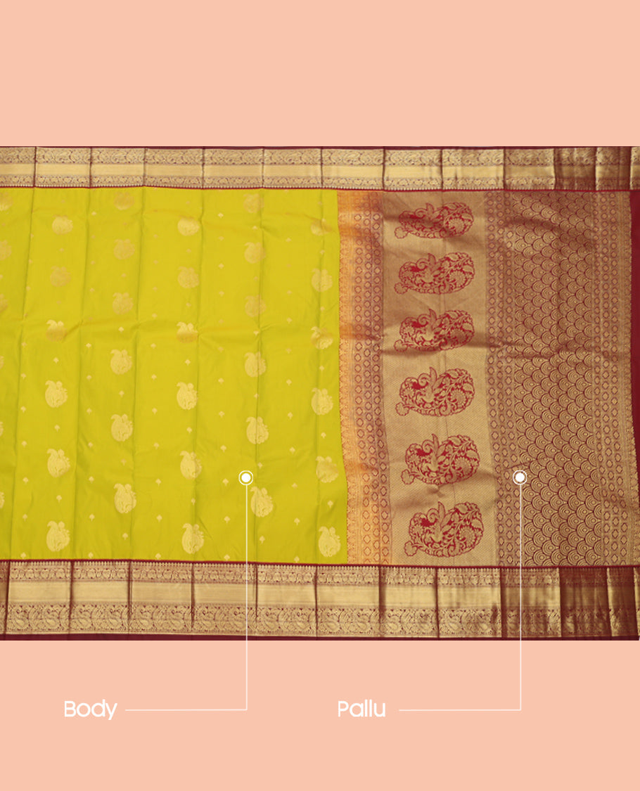 Parrot Green Budget Silk Saree, Bedecked with Zari Buttas, Complemented by a Contrast Traditional Zari Design Border, Grand Pallu, and a Contrast Blouse