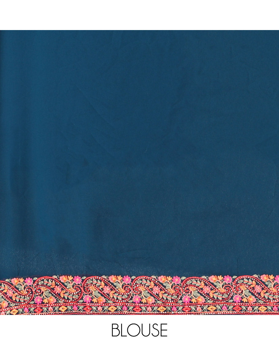 Blue Designer Saree, Delicately Woven with Paisley Mixed Embroidery, a Scallop Mixed Embroidered Border, and a Matching Blouse