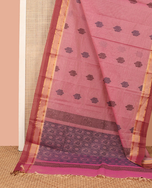 Pink Kanchi Cotton Saree, Uniquely Designed with Buttas All Over Its Body, Complemented by Contrast Zari Design Border, Pallu of Jaal Design, and Paired with a Matching Blouse