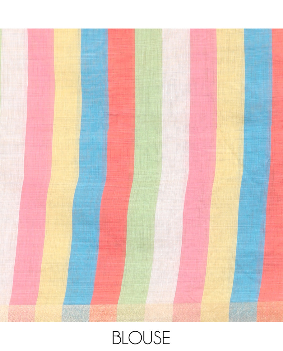 Pink Plain Semi-Tussar Saree, a Zari Border, Multi-Colored Striped Pallu, and a Contrast Blouse