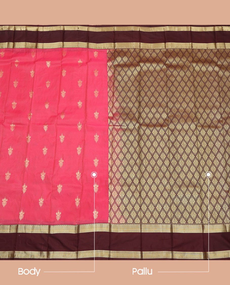 Pink Budget Silk Saree, Prettified with Zari Buttas All Over Its Body, Complemented by a Contrast Traditional Zari Design Woven Rettai Pettu Border, Majestically Detailed Pallu of Jaal Designs, and Paired with a Contrast Blouse