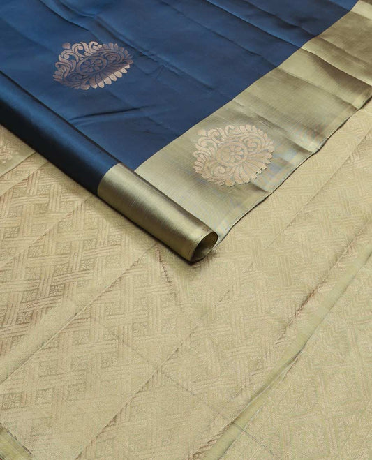 Blue zari buttas silk mix saree, contrast unique design border & pallu of geometric designs