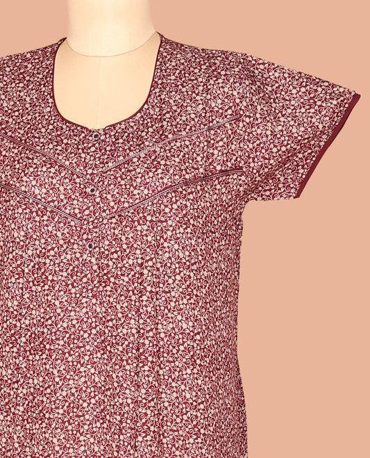 Maroon Printed Cotton-Blended Nighty