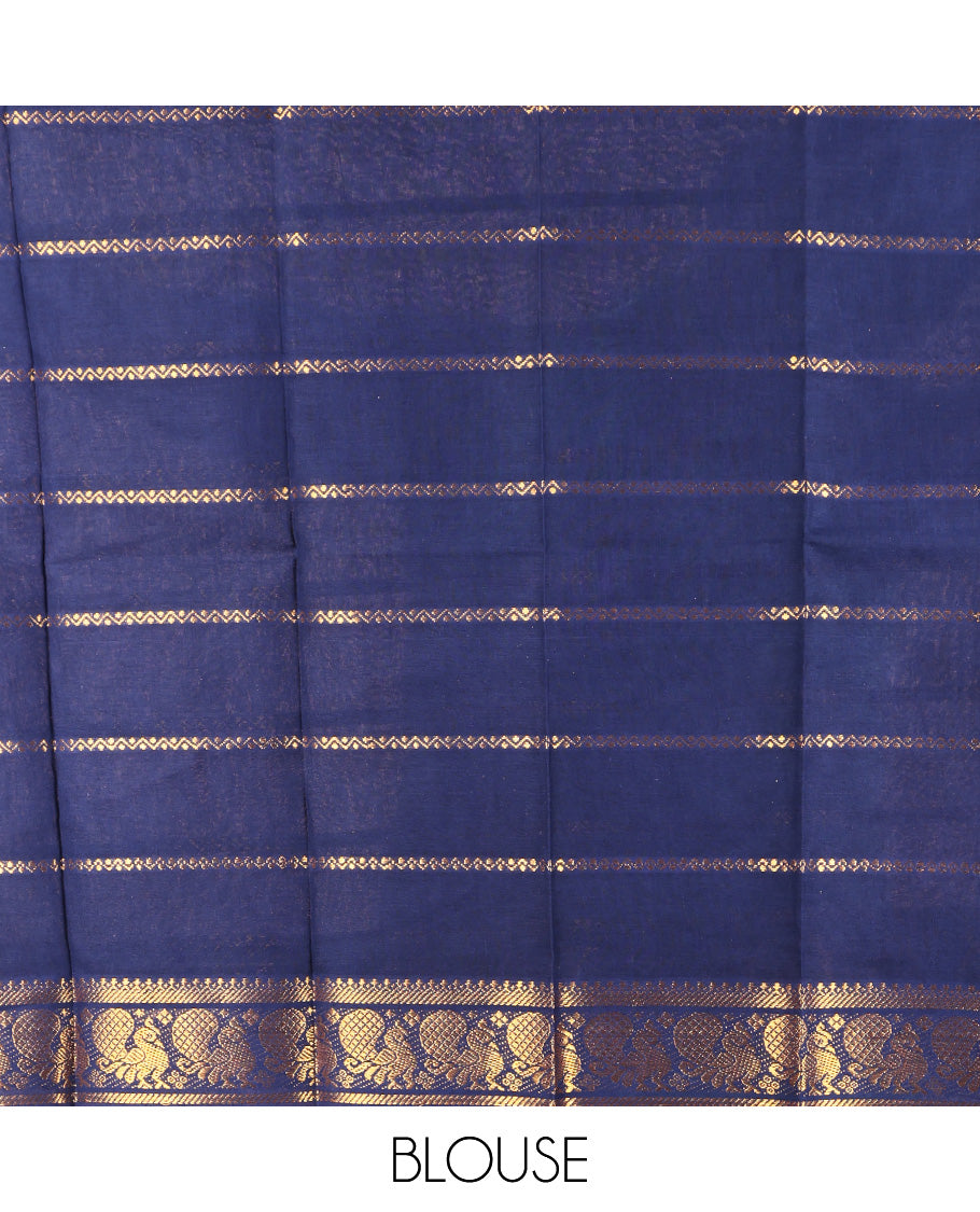 Blue Sungudi Cotton Saree, Decked Up with Zari Checked Design on Its Body, Complemented by a Contrast Traditional Zari Design Border of Peacock Designs, Zari-Design Pallu, and Paired with a Contrast Blouse