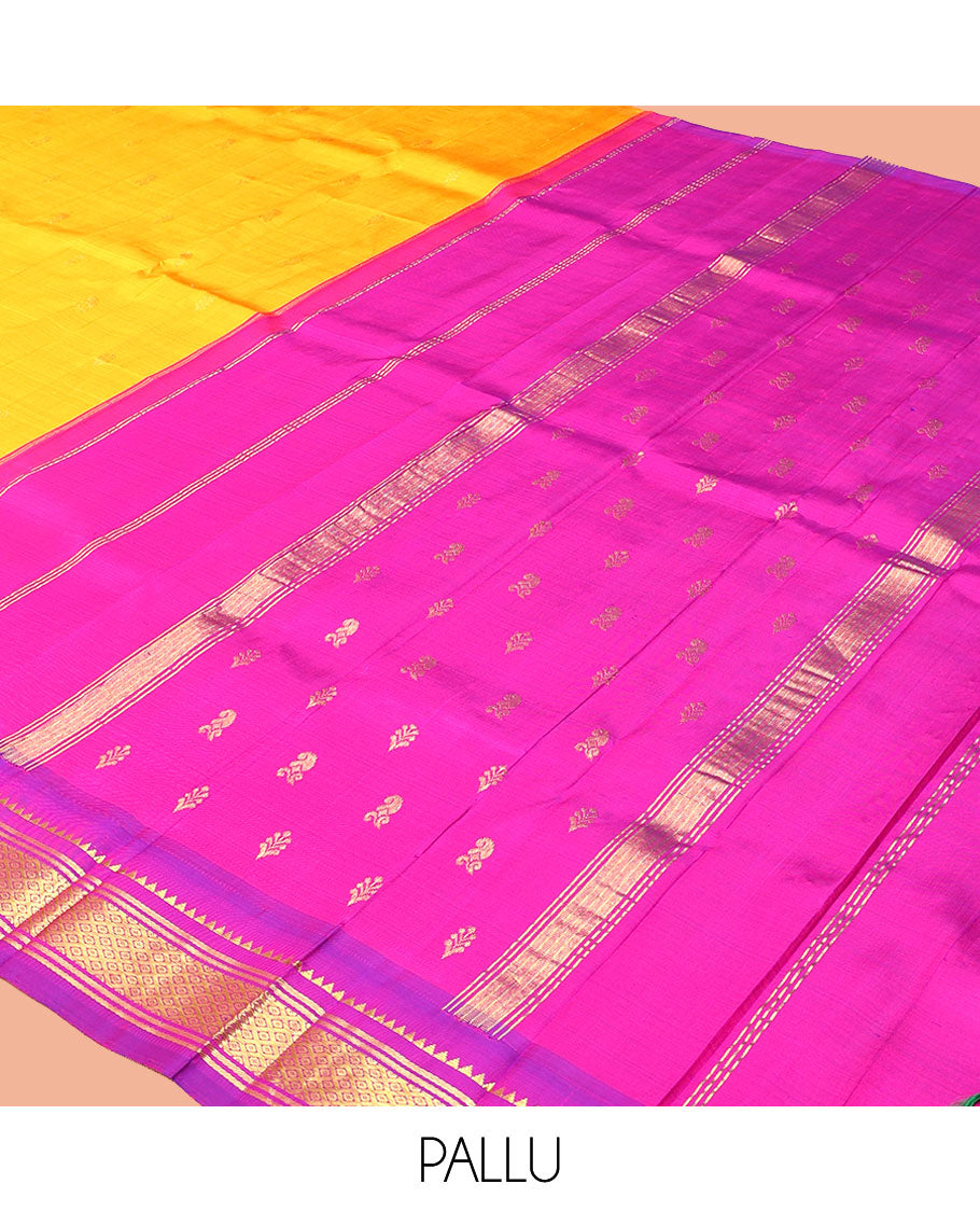 Yellow Kanchipuram Silk Saree, Delicately Woven with Zari Buttas, a Contrast One-Sided Korvai Border of Rekku, Banaras, and Jaal Designs, a Zari Design Pallu, and No Blouse