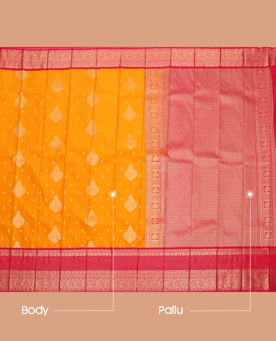 Orange Budget Silk Saree, Embellished with Zari Buttas, Complemented by a Contrast Traditional Zari Border, Grand Pallu, and Contrast Blouse