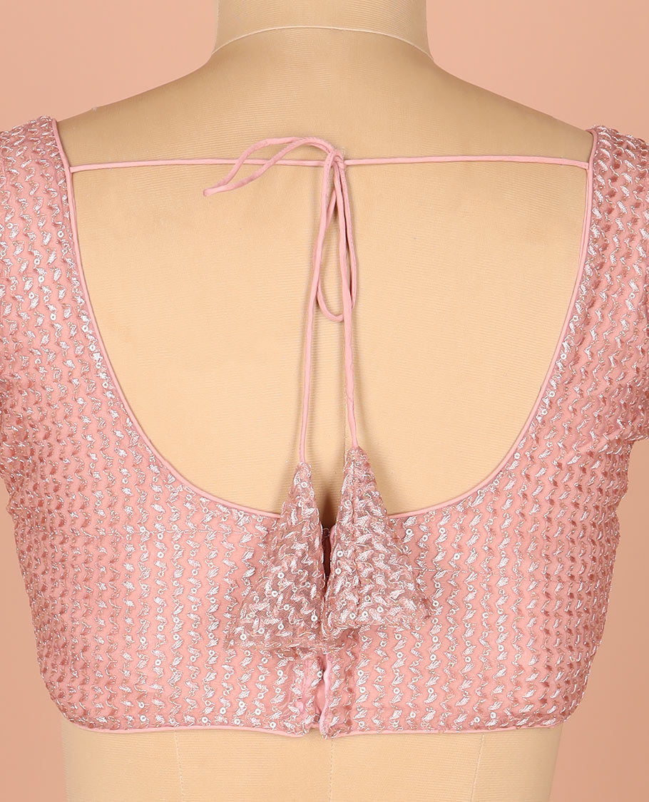 Pale Pink Readymade Blouse Gleamed Up with Thread and Sequins Embroidery, Featuring Front Round Neck, Back Round Neck with Rope, and Sleeveless