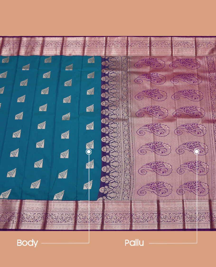 Pink Budget Silk Saree, Adorned with Zari Buttas, Complemented by a Contrast Rettai Pettu Traditional Zari Border, Paisley Pallu, and Contrast Blouse