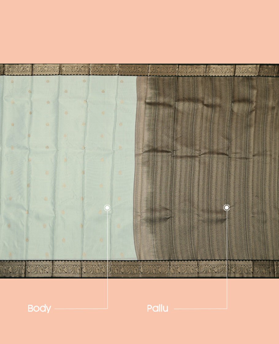 Pale Green Budget Silk Saree, Sparsely Woven with Zari Buttas and Checks, Complemented by a Contrast Traditional Zari Border, Geometric Pallu, and a Contrast Blouse