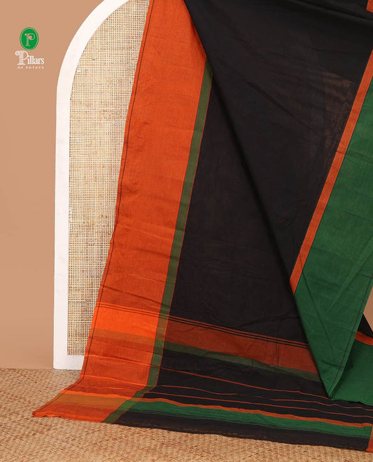 Black plain design organic handloom cotton saree, contrast ganga-jamuna big border of thread stripes & lining seer striped pallu