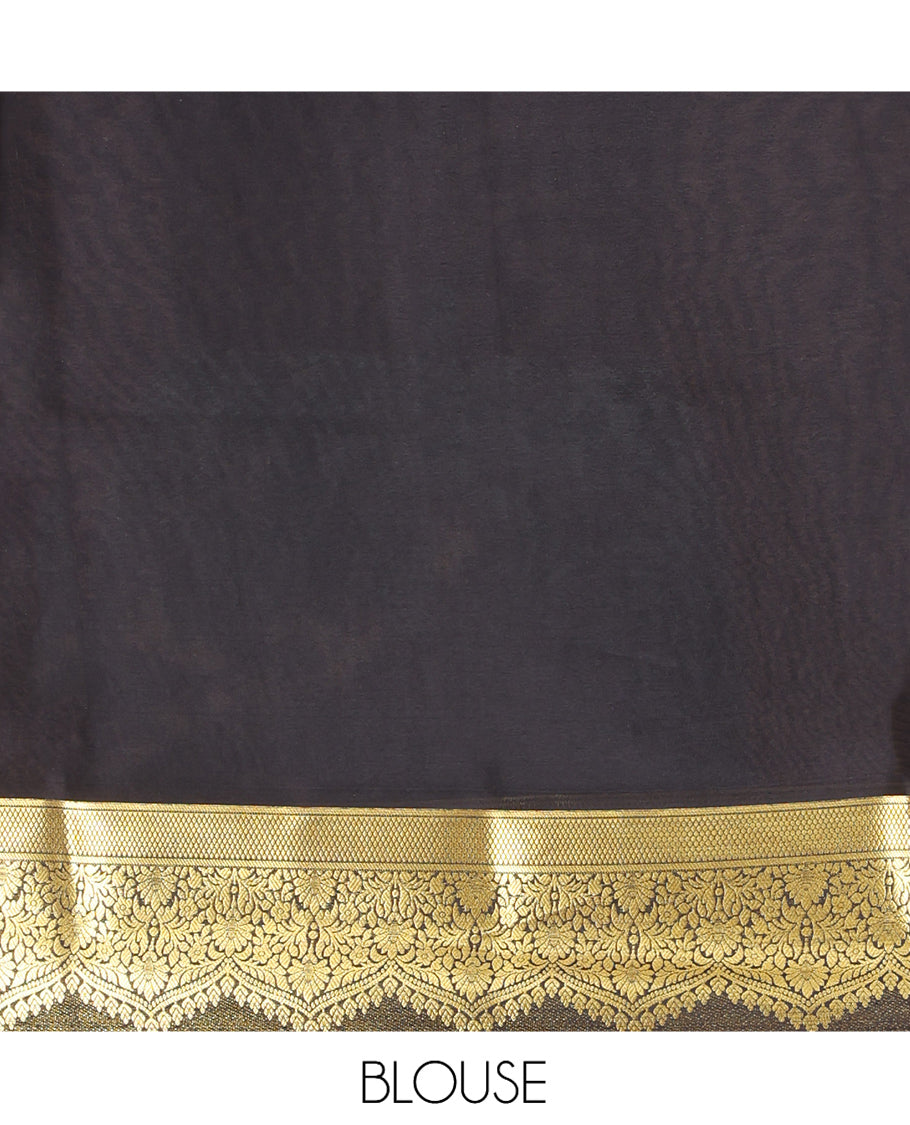 Royal Blue Mysore Silk Saree, Steeped with Zari Buttas, Complemented by a Contrast Traditional Zari Border, Pallu of Floral Jaal Design, and a Contrast Blouse