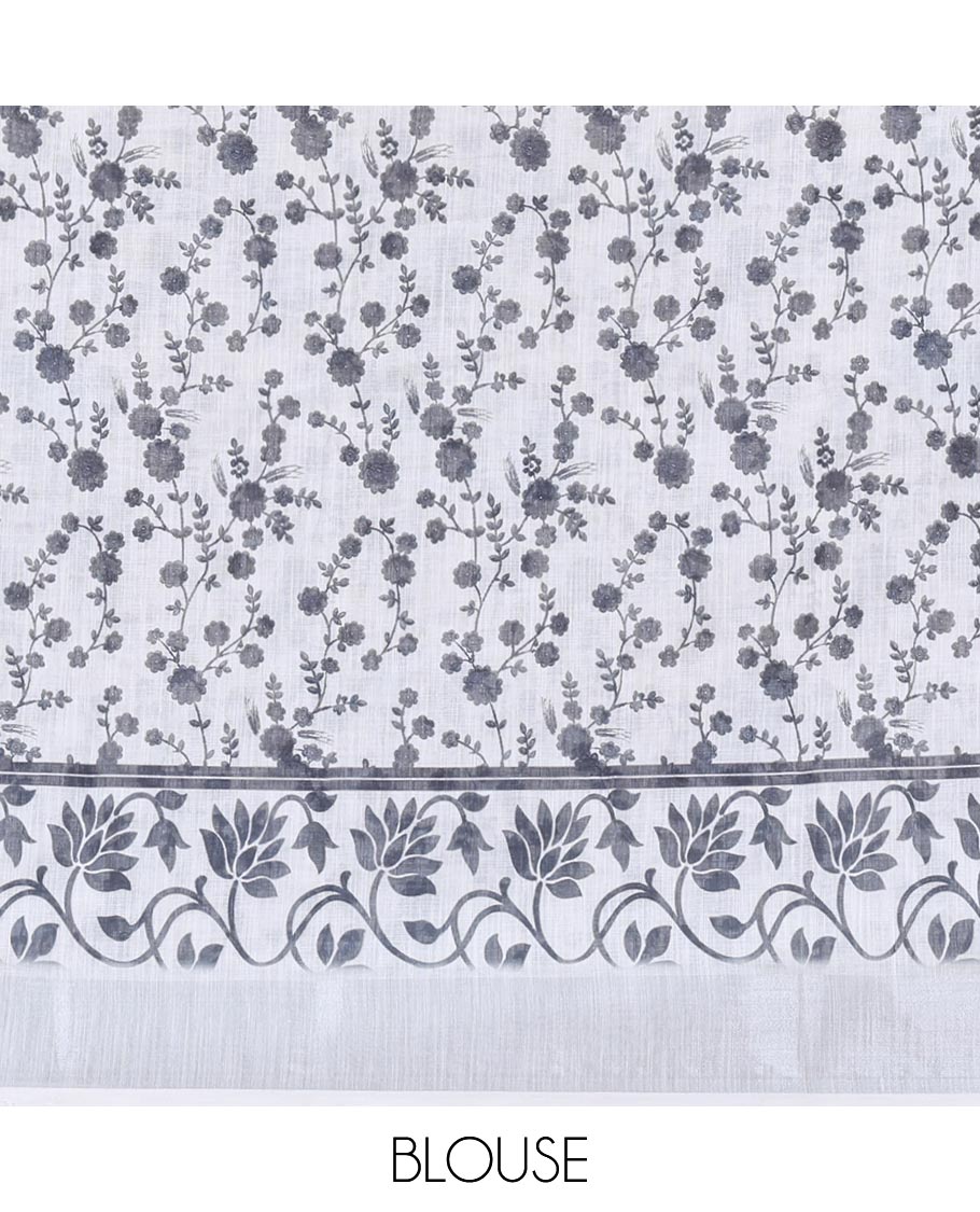 Light Chikku Linen Cotton Saree, Adorned with Flora-Fauna Print, a Zari Border, Musical Instruments Printed Pallu, and a Matching Blouse
