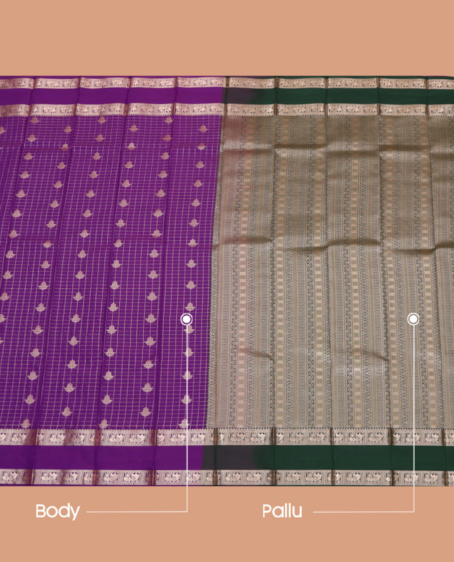 Violet Budget Silk Saree, Enthralled with Zari Buttas and Checks, a Zari Rettai Pettu Traditional Border, Grand Pallu, and a Contrast Blouse