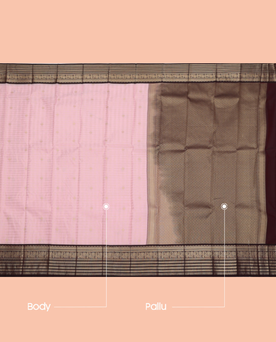 Baby Pink Budget Silk Saree, Beautified with Zari Buttas and Checks, Complemented by Contrast Traditional Zari Border, Jaal Pallu, and a Contrast Blouse