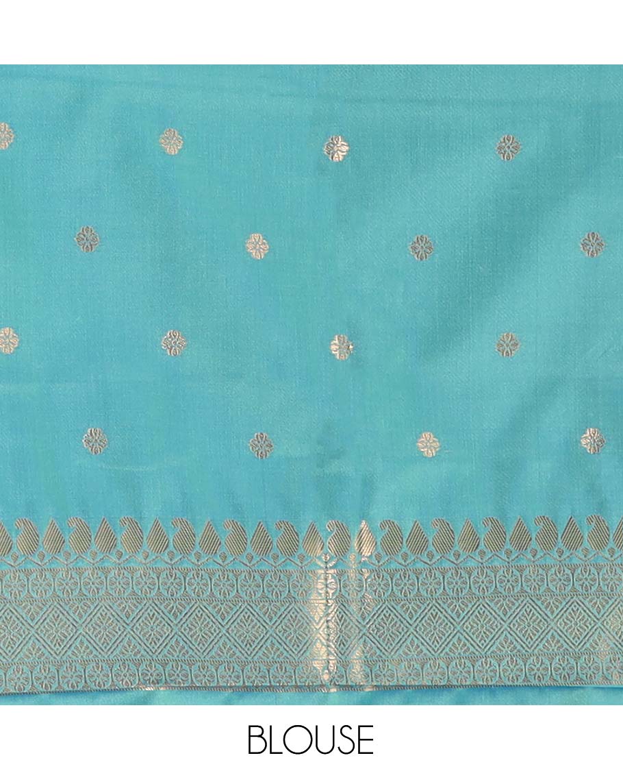 Peacock Blue Soft Silk Saree, Ornamented with Horse-Peacock Buttas, a Zari Border, Jaal Pallu, and a Matching Blouse