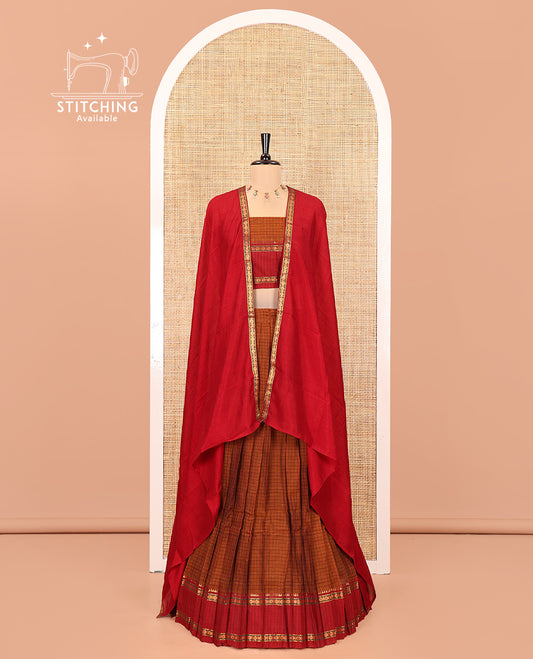 Rust-Red Mercerised Cotton Saree Features a Checked Skirt, Contrast Temple-Rudraksham Rettai Pettu Border, a Matching Blouse, and Contrast Vichitra Silk Dhavani