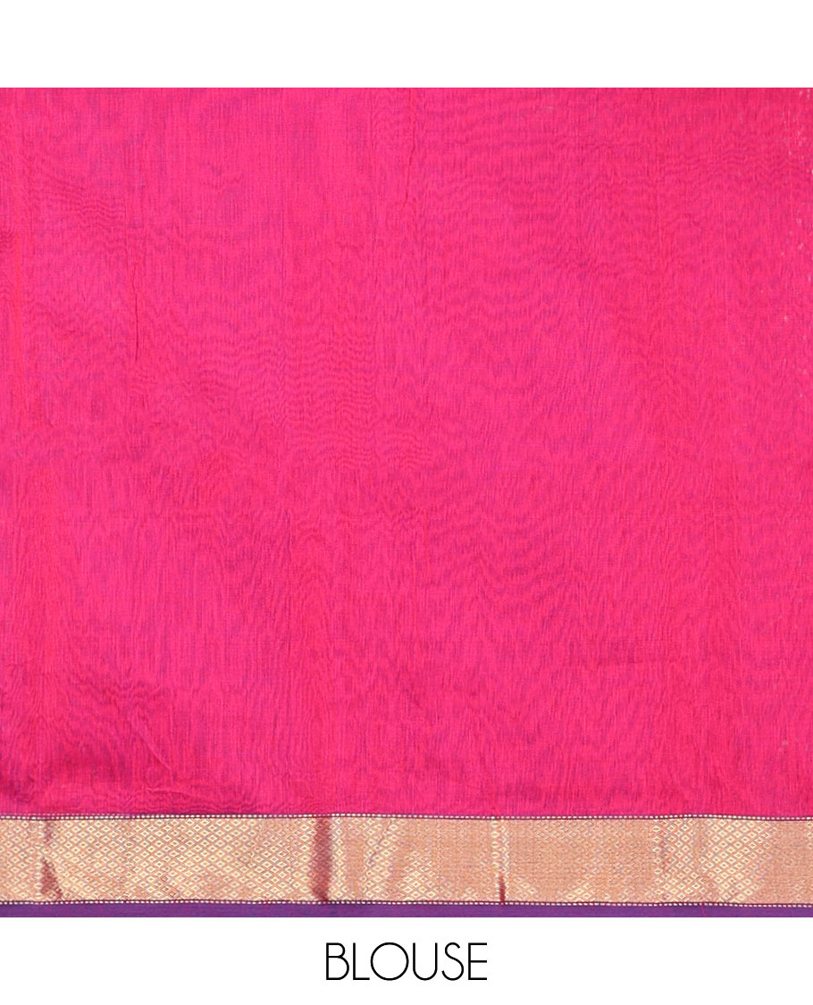 Pink Maheshwari Cotton Saree, Uniquely Detailed with Diamond Stripes on Its Body, Complemented by a Contrast Border of Traditional Designs, Pallu Steeped with Zari Stripes, and Paired with a Matching Blouse