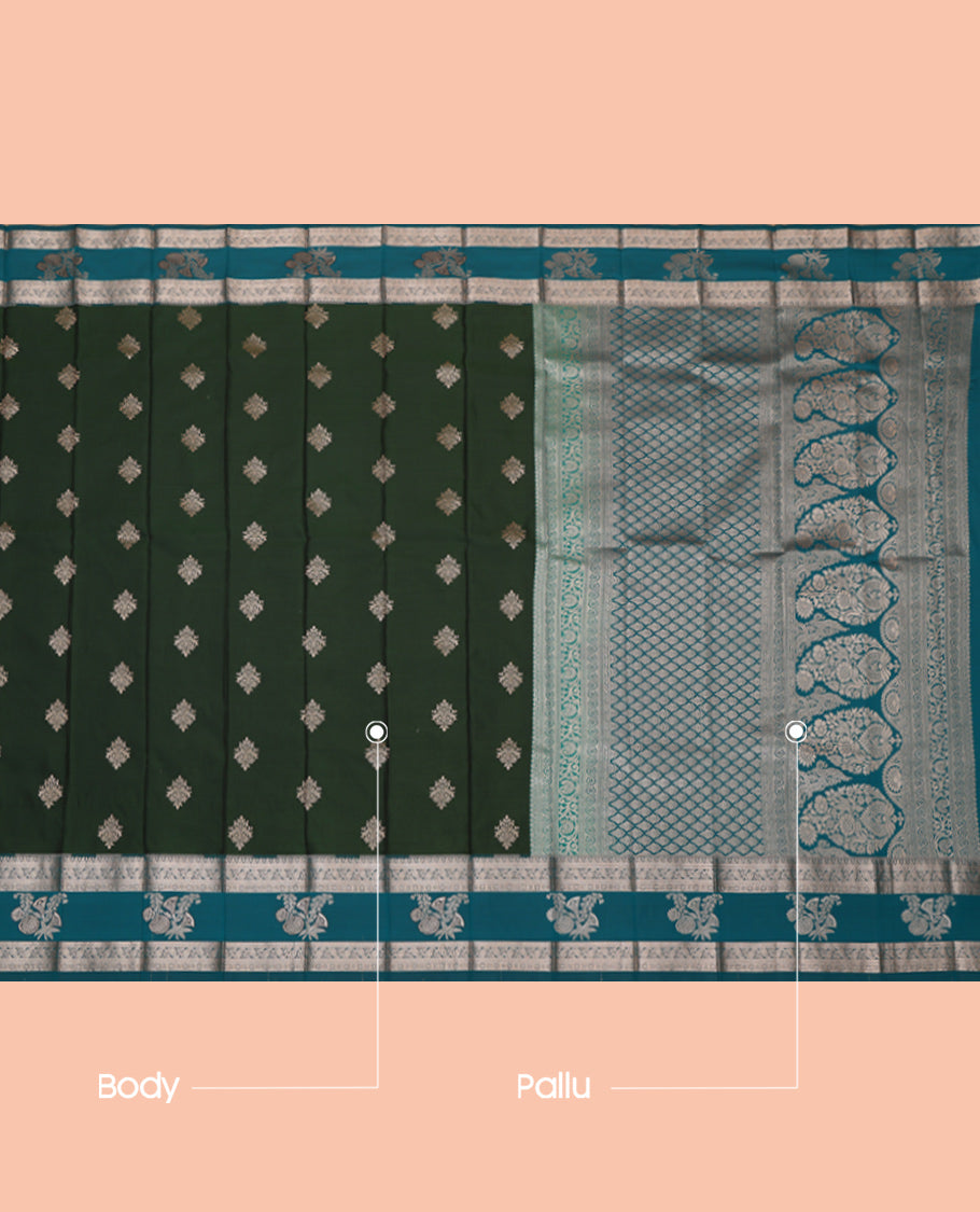 Green Budget Silk Saree, Ornamented with Zari Buttas, Complemented by a Contrast Traditional Zari Border, Pallu of Jaal and Paisleys, and a Contrast Blouse