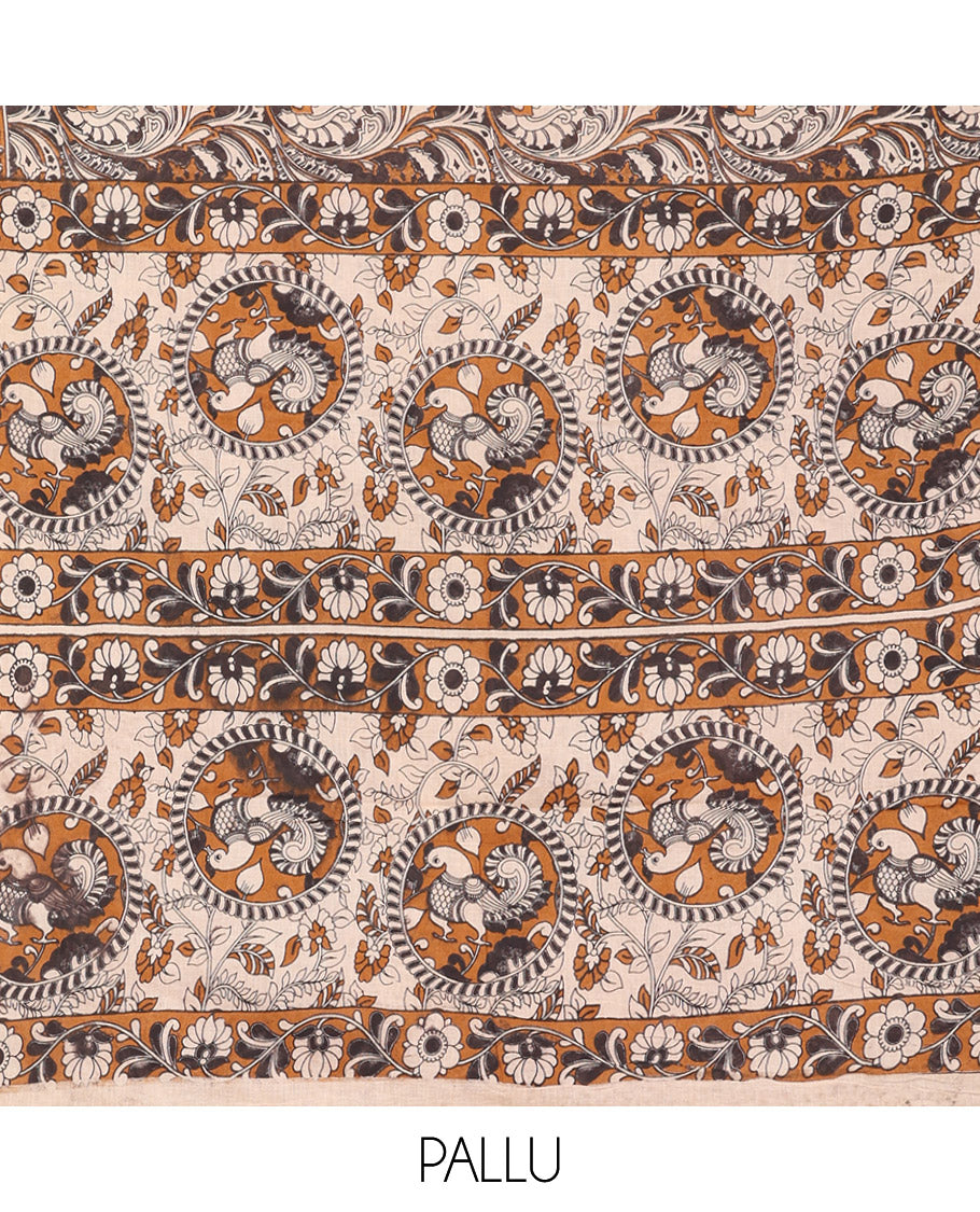 Borderless Brown Kalamkari Cotton Saree, Ornamented with Intricately Floral Print, Self-Pallu of Peacock Motifs, and a Matching Blouse