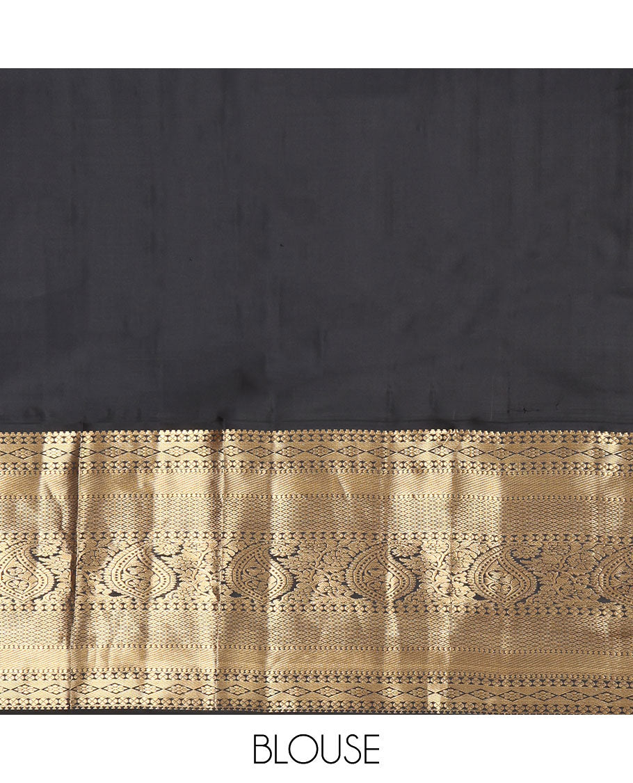 Red Vasundhara Silk Saree, Subtly Sparkled with Buttas and Stripes All Over Its Body, Complemented by Contrast Zari Border of Diamond, Mayil Kann, Manga, and Kodi Visiry Designs, Opulently Embellished Pallu, and Paired with a Contrast Blouse