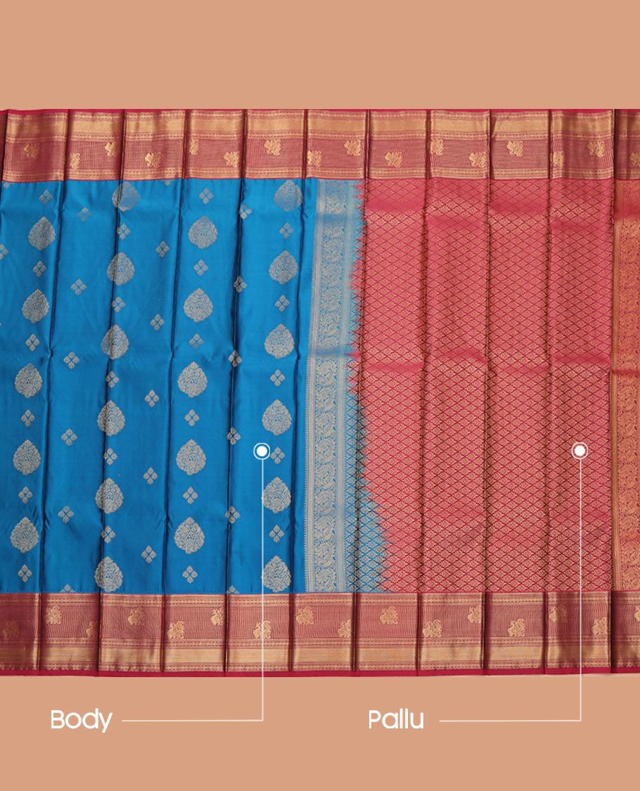 Blue Budget Silk Saree, Decorated with Zari Buttas All Over Its Body, Complemented by a Contrast Traditional Zari Design Border, Intricate Jaal Patterned Pallu, and Paired with a Contrast Blouse