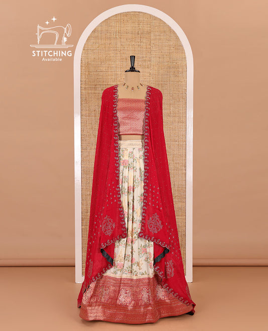 Cream and magenta half-saree, floral and bird printed nylon viscose crepe top, contrast traditional zari and stone work border, jacquard banaras blouse, and scallop stone work dhavani