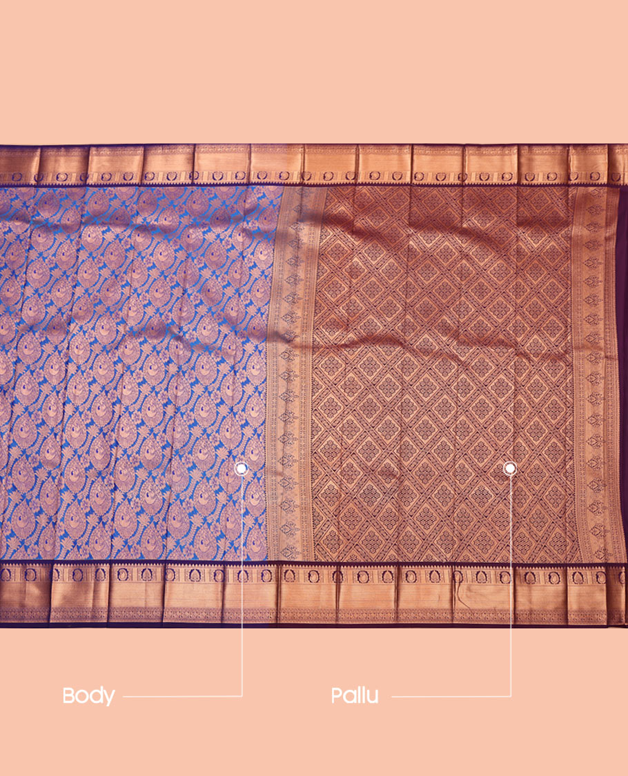 Blue Budget Silk Saree, Woven with a Jacquard Design, Complemented by a Contrast Traditional Zari Border, Grand Pallu, and Contrast Blouse